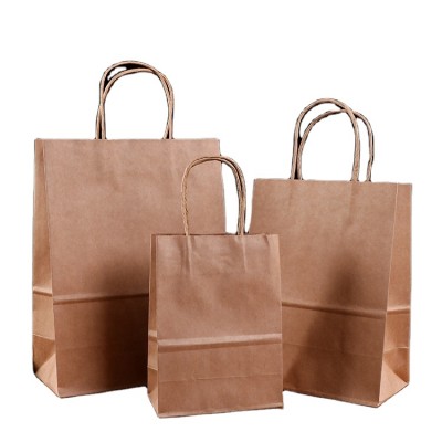 Cheap plain brown kraft paper tote bags fast food box fruit dessert package takeaway hand bag with handles twist OEM